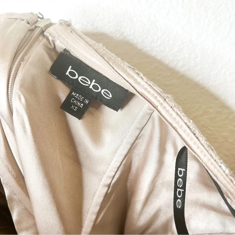 BEBE taupe wrap strapless mini bodycon dress (Sz XS)